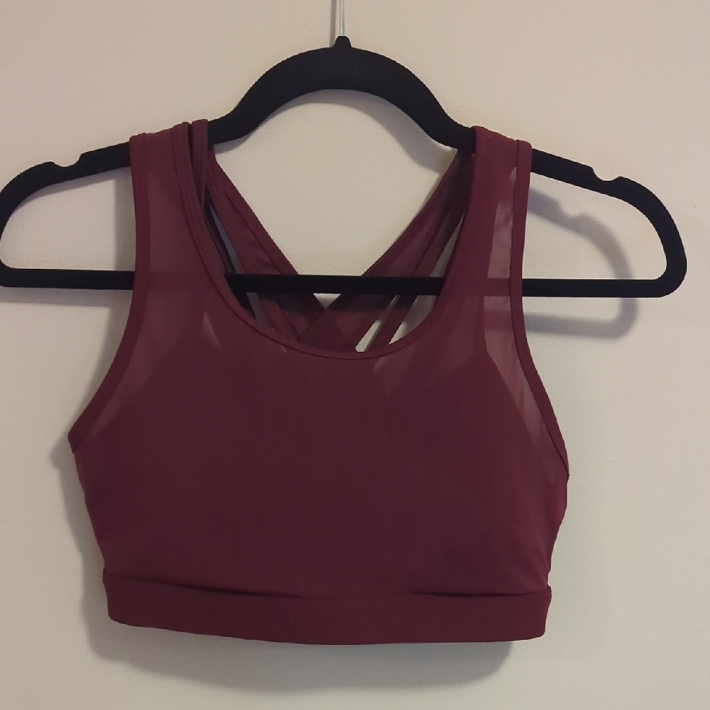 Fabletics Burgundy High-Neck Sports Bra with Racerback Design